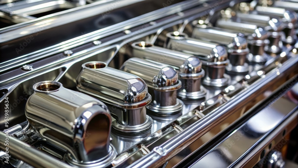 a photo image of a set of aftermarket fuel rails with chrome finishes and engraved branding on a custom-built engine a photo image of a set of aftermarket fuel rails with chrome finishes and engraved branding on a custom-built engine