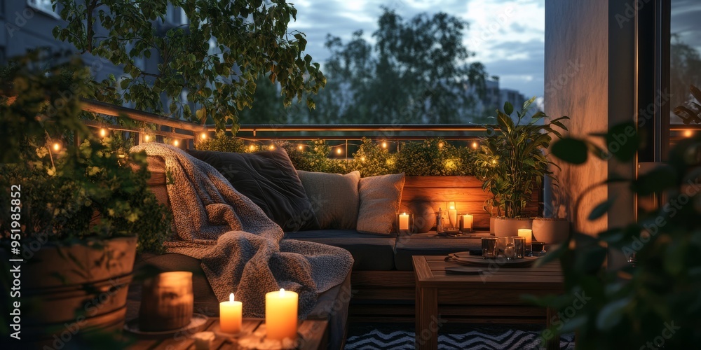 Fototapeta premium A serene evening on a balcony with plush seating, cozy blankets, and soft lighting from string lights and candles, surrounded by greenery.