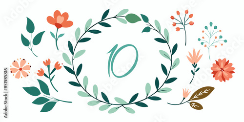 Set of elegant calligraphic botanical design elements, floral frame and graceful branches