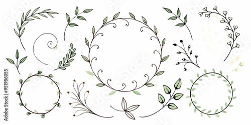 Set of elegant calligraphic botanical design elements, floral frame and graceful branches