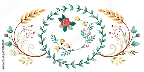 Set of elegant calligraphic botanical design elements, floral frame and graceful branches