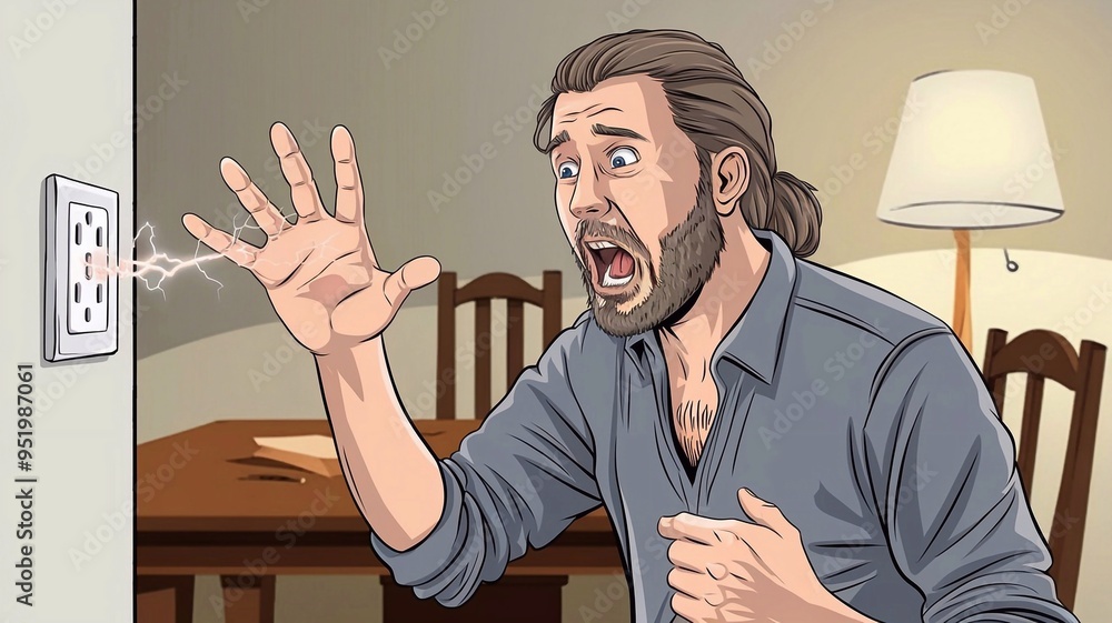 A hand near an electrical outlet causes an electric shock when touched due to safety violations. A man sticks his fingersinto an outlet and gets electrocuted out of stupidity and curiosityLess
A hand near an electrical outlet causes an electric shock when touched due to safety violations. A man sticks his fingersinto an outlet and gets electrocuted out of stupidity and curiosityLess