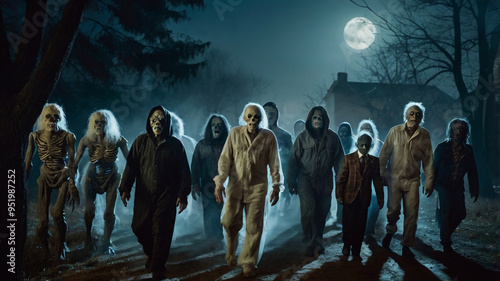 Wallpaper Mural A large group of trick-or-treaters dressed as classic monsters like mummies, werewolves, and zombies, walking under the glow of a full moon with spooky fog surrounding them. Torontodigital.ca