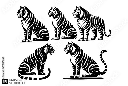 set of tiger Isolated vector graphic illustration design in black and white silhouette for clip art templates