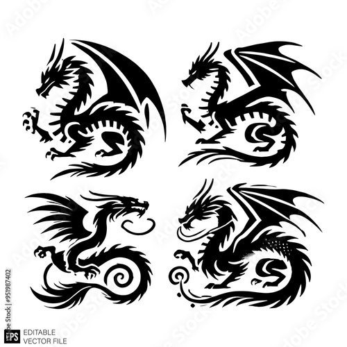 Wallpaper Mural set of dragon graphic design black and white vector clip art silhouette Torontodigital.ca