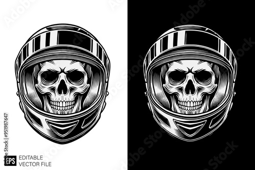 skull wearing motorcycle helmet graphic design black and white vector clip art silhouette