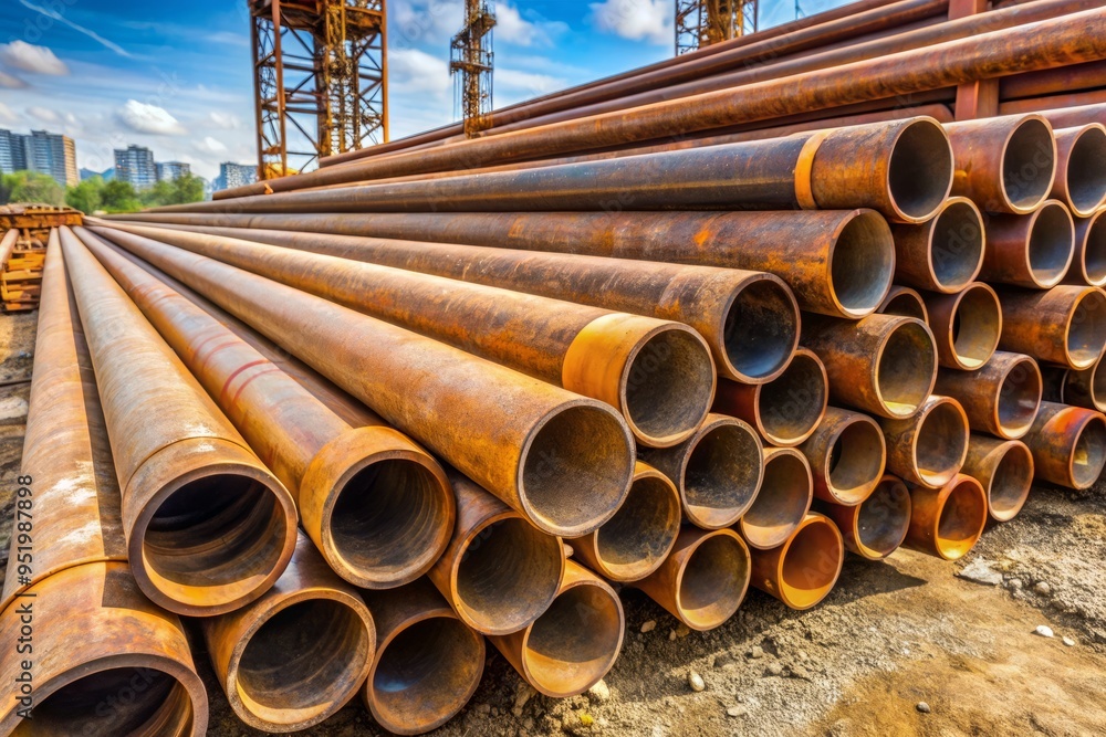 a photo image of rusted metal pipes stacked horizontally on a slight incline on a construction site a photo image of rusted metal pipes stacked horizontally on a slight incline on a construction site