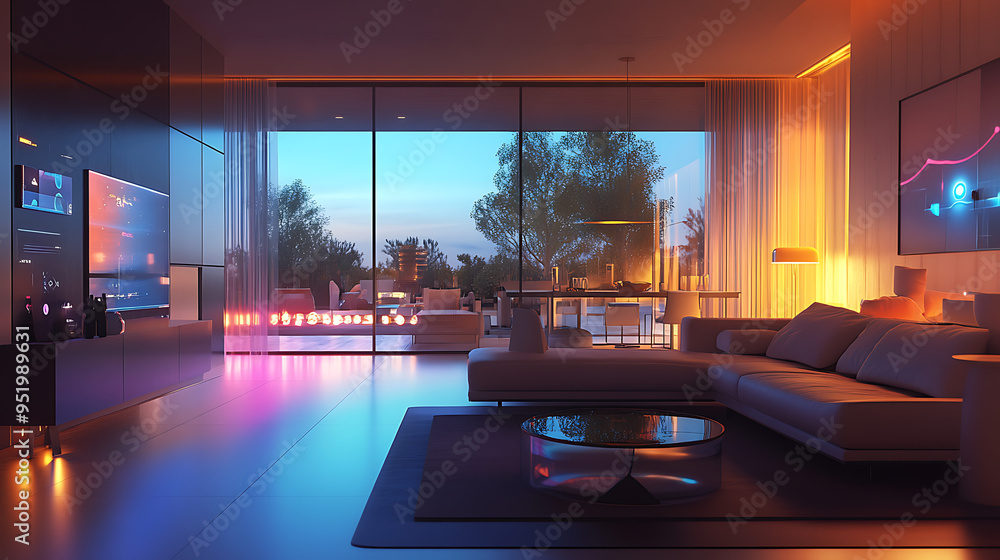 Modern Living Area Showcasing Invisible Smart Surfaces Integrated into the Environment for Interactive Control. Modern Living Area Showcasing Invisible Smart Surfaces Integrated into the Environment for Interactive Control.