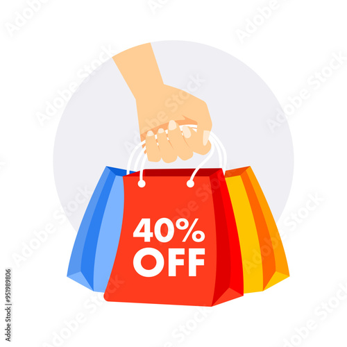 Hand holding colorful shopping bags with a 40 percent off discount offer, perfect for advertising sales and promotions