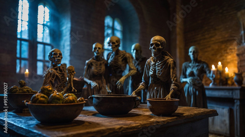 A spooky scene where visitors encounter a room full of animated props—like witches stirring cauldrons, mummies breaking out of sarcophagi, and zombies reaching out from the shadows. photo