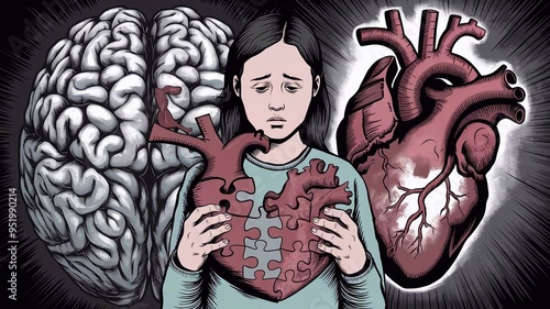 A sad woman holds a crumbling heart, symbolizing the recovery of the psyche after breaking up with a boyfriend. A girl with aheart from a puzzle, for the concept of cancer and cardiovascular cancer photo