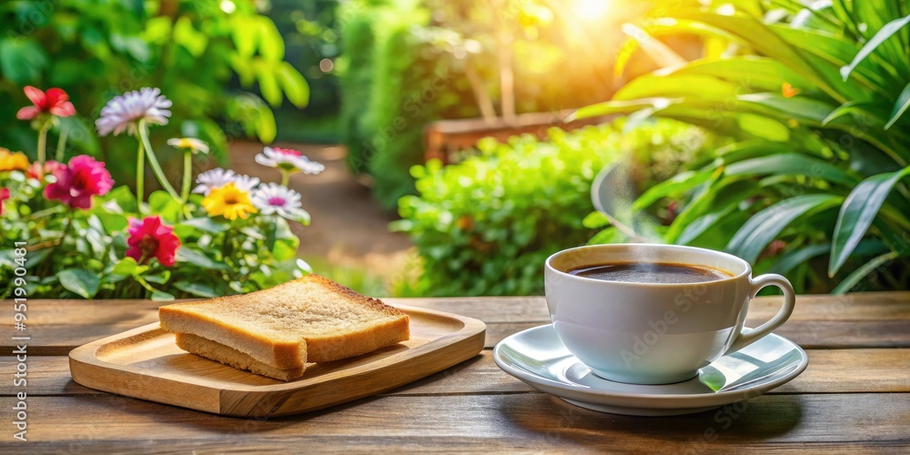 Freshly brewed morning coffee and a slice of whole-grain toast on a cozy wooden table amidst a peaceful botanical garden setting Freshly brewed morning coffee and a slice of whole-grain toast on a cozy wooden table amidst a peaceful botanical garden setting