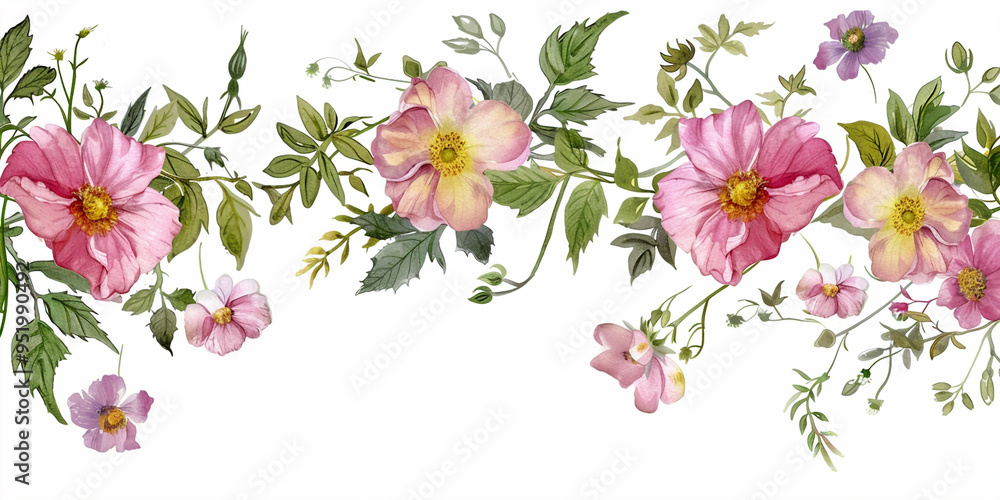 Watercolor painting of leaf and flowers, seamless pattern on white background
Watercolor painting of leaf and flowers, seamless pattern on white background