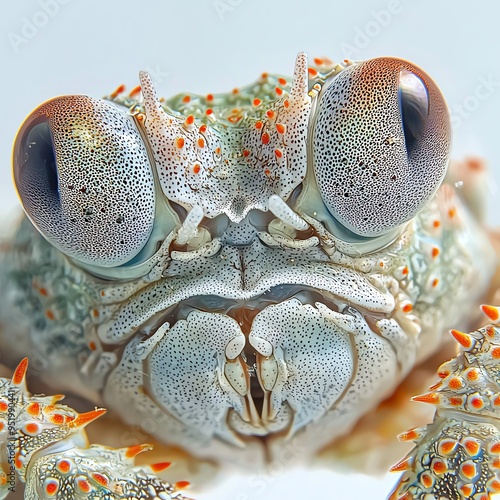 Close-up portrait of a small crab with large, prominent eyes. photo