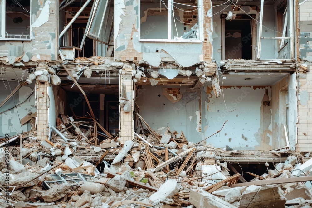 A building stands in ruins, its facade crumbled, revealing the chaos within, surrounded by debris and rubble, suggesting a scene of destruction. A building stands in ruins, its facade crumbled, revealing the chaos within, surrounded by debris and rubble, suggesting a scene of destruction.