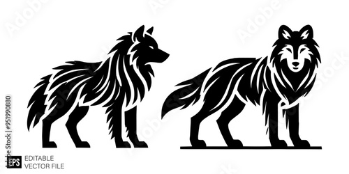 set of wolf graphic design black and white vector clip art silhouette