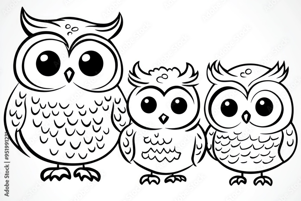 Fototapeta premium Three charming cartoon owls standing together, showcasing the bond of family in a minimalist black and white illustration. Owl coloring book for kids.