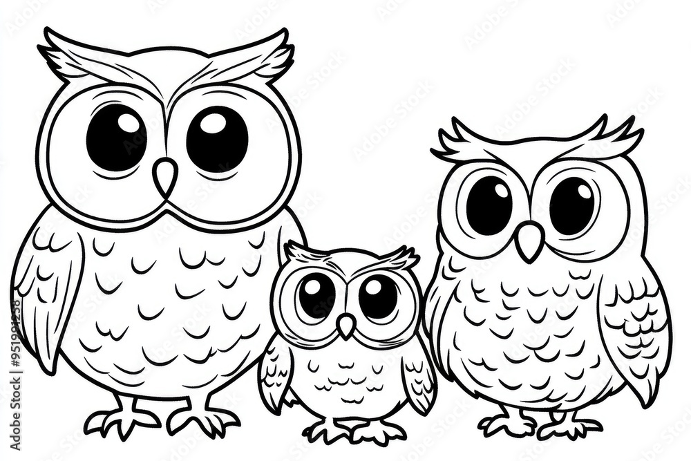 Fototapeta premium Owl coloring book for kids. Whimsical trio of cute owls in a forest setting ready for a fun coloring adventure with family and friends during a cozy afternoon