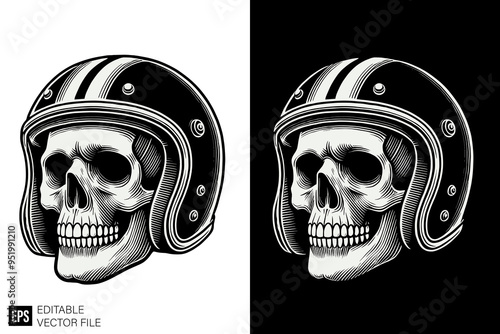 skull wearing motorcycle helmet graphic design black and white vector clip art silhouette