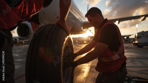 Dynamic scene of a well-coordinated team quickly and efficiently changing an airplane tire, showcasing their readiness for action on the airplane parking lot.