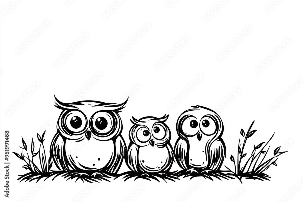 Fototapeta premium Whimsical family of three owls resting in tall grass, showcasing unique expressions under a bright sky in a playful cartoon style setting. Simple owl coloring book for children.