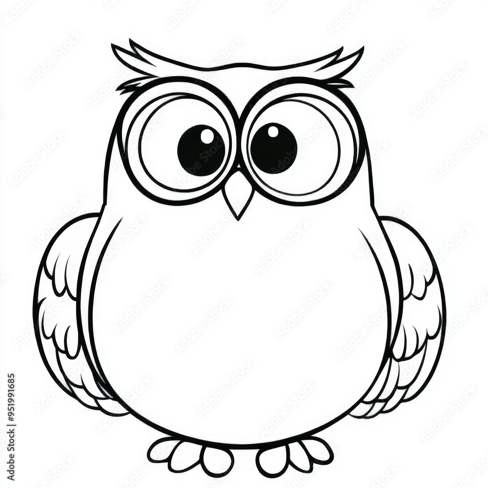 Fototapeta premium Simple owl coloring book for children. Charming cartoon owl with oversized eyes perched playfully, ready for coloring in a delightful art session for children in a cozy home setting
