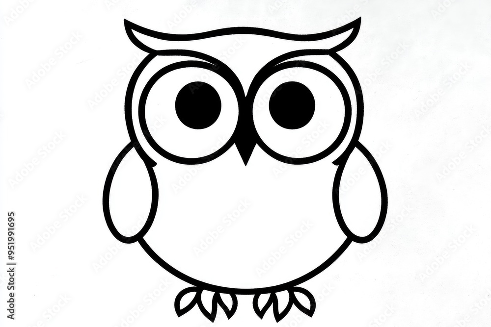 Naklejka premium A whimsical illustration of an adorable, round owl with big eyes perched cheerfully against a light backdrop. Simple owl coloring book for children. 