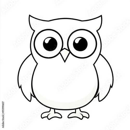 A whimsical illustration of a friendly white owl standing proudly against a minimalistic backdrop, showcasing its large expressive eyes and charming demeanor. Simple owl coloring book for children.