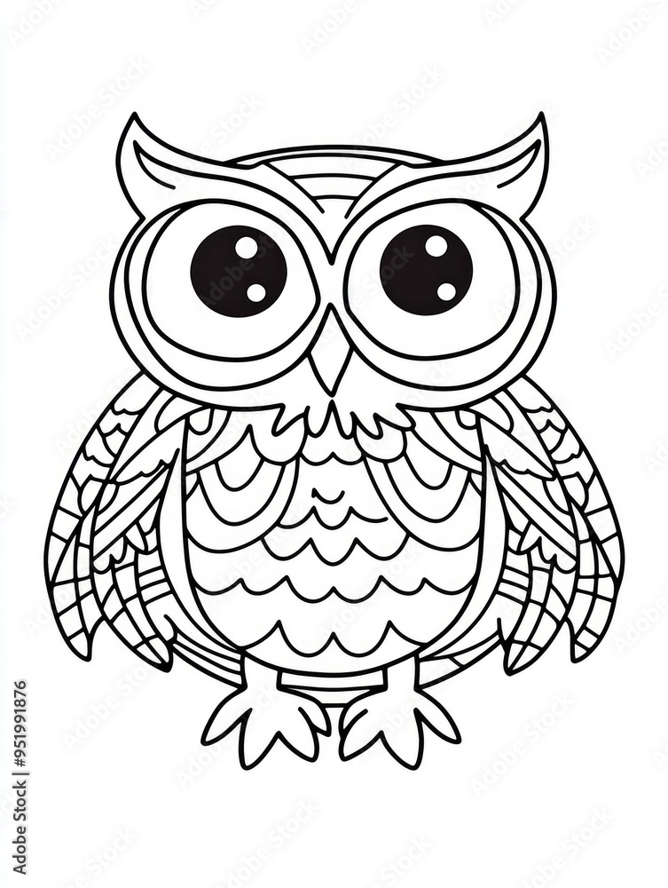A whimsical and intricate black and white owl illustration perfect for coloring, showcasing artistic patterns and large expressive eyes for creative enjoyment A whimsical and intricate black and white owl illustration perfect for coloring, showcasing artistic patterns and large expressive eyes for creative enjoyment