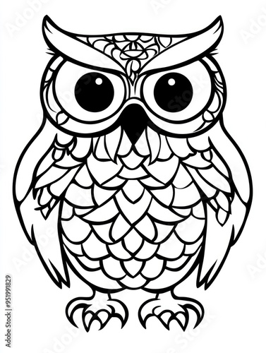 Whimsical owl illustration filled with intricate patterns waiting to be colored during a creative art session. Simple owl coloring page for kids. photo