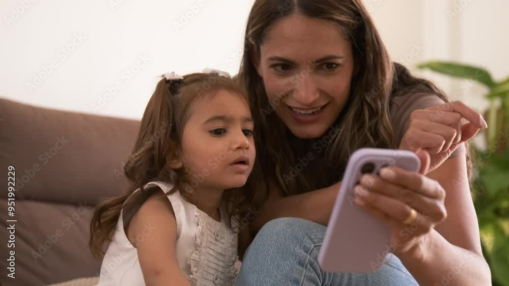 Happy mother and girl using cellphone on sofa at home Happy mother and girl using cellphone on sofa at home