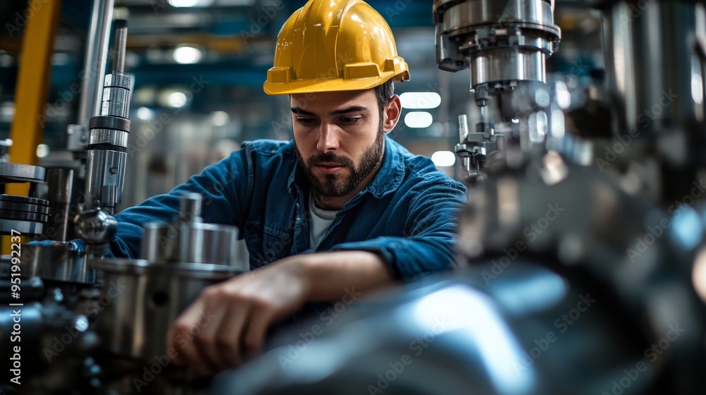 Industrial Precision: A focused and determined worker meticulously inspects complex machinery in a bustling industrial setting. The image captures the essence of dedication and expertise in the manufa Industrial Precision: A focused and determined worker meticulously inspects complex machinery in a bustling industrial setting. The image captures the essence of dedication and expertise in the manufa