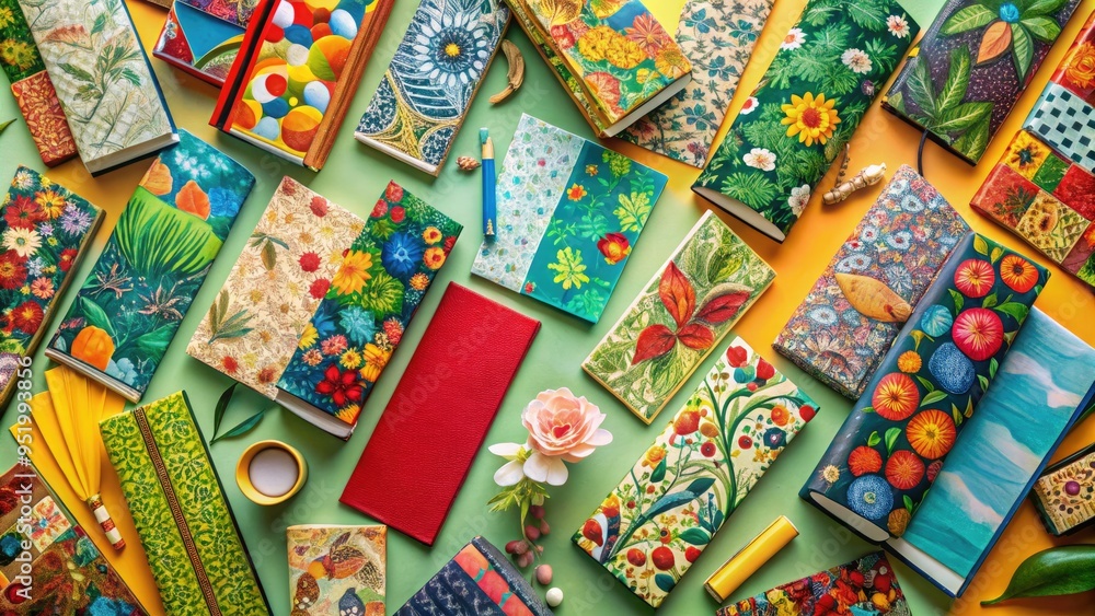 Fototapeta premium Vibrant colors and playful patterns of book covers and bookmarks explode in a joyful, whimsical, and eclectic flat lay celebrating literature's diversity.