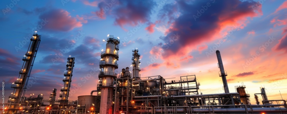 Obraz premium Oil refinery plant with industrial pipes and towers, captured at sunrise with a cloudy sky.