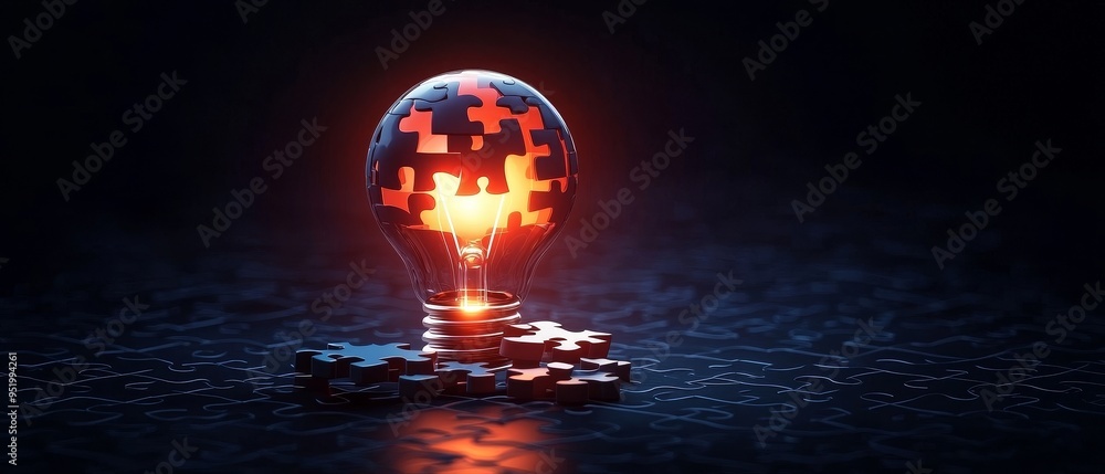 custom made wallpaper toronto digitalBulb with puzzle pieces, problemsolving concept, flat design illustration