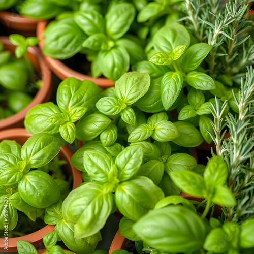 Lush herb garden featuring vibrant basil and rosemary plants in pots