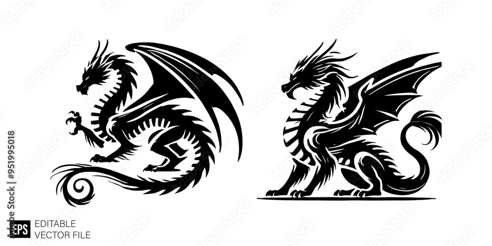 Obraz premium set of dragon graphic design black and white vector clip art silhouette