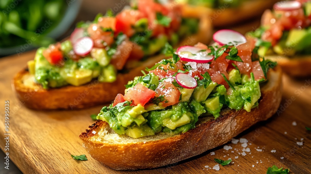 Bruschetta topped with avocado, radishes, and a sprinkle of sea salt on a wooden board Bruschetta topped with avocado, radishes, and a sprinkle of sea salt on a wooden board