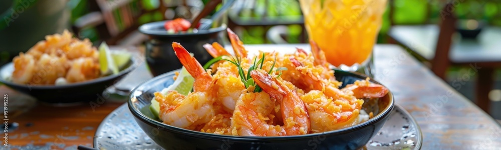 Bowl of coconut shrimp tropical meal Bowl of coconut shrimp tropical meal