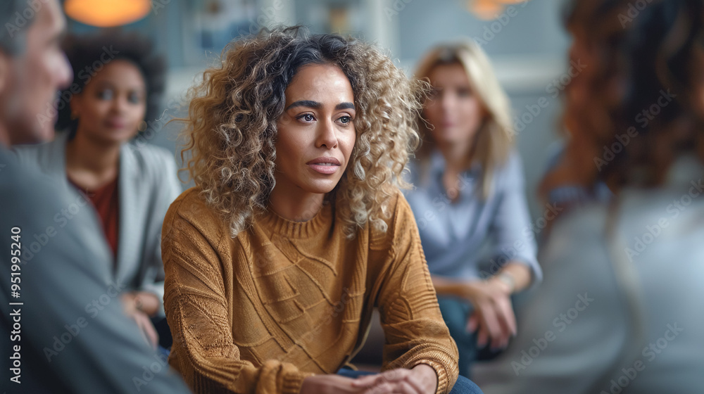 Obraz premium Sad depressed black woman at support group meeting for mental health, anonymous community