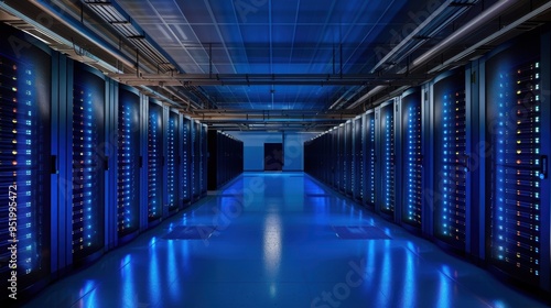 Rows of blinking servers in a dark, blue-lit data center, giving a mysterious and cutting-edge technological feel.