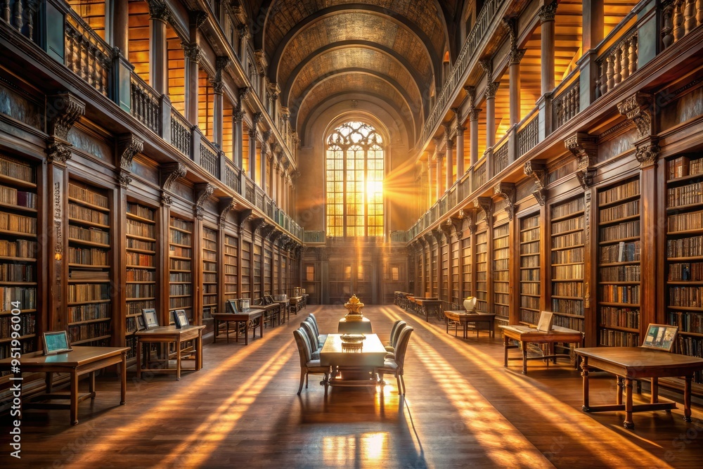 Fototapeta premium Soft, ethereal light filters through a library's grand windows, casting an otherworldly glow on rows of dusty tomes and ancient manuscripts.
