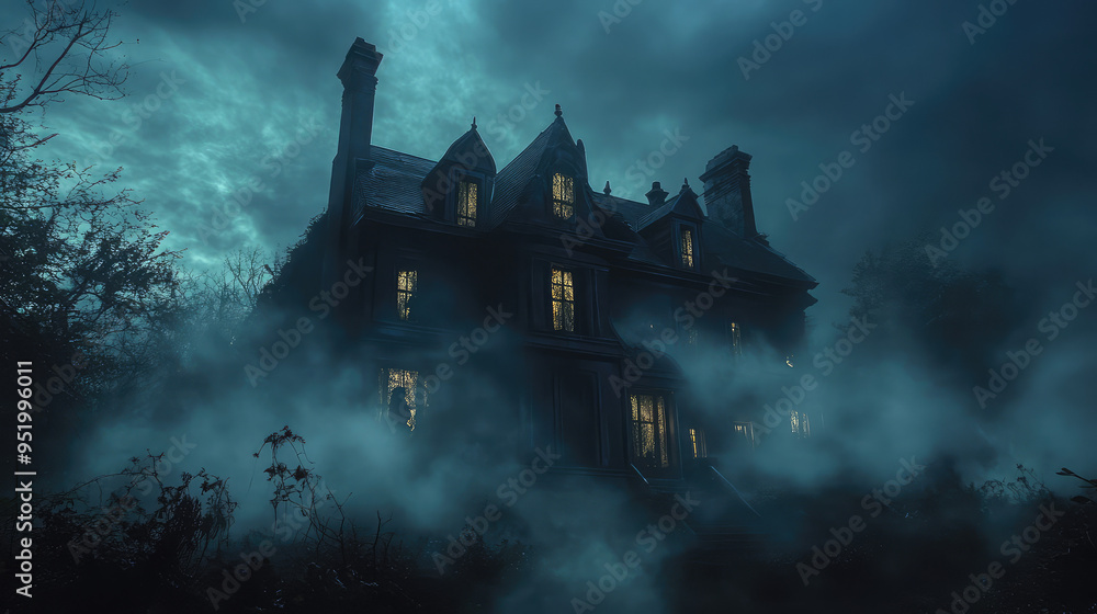 A haunted mansion with ghostly figures visible in the windows, surrounded by swirling fog. A haunted mansion with ghostly figures visible in the windows, surrounded by swirling fog.