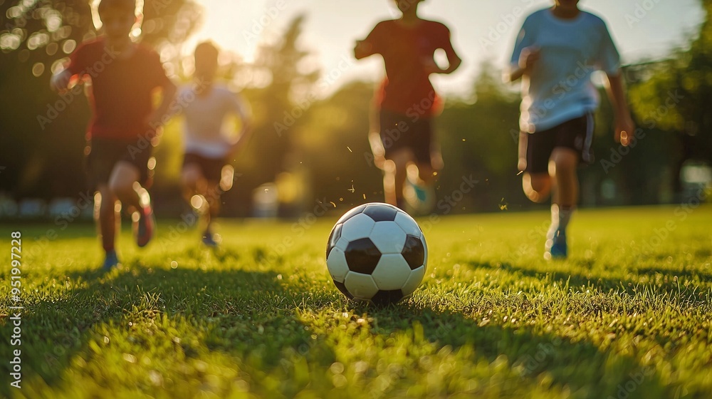 Children running towards a football on a grassy field during training, showcasing teamwork and physical activity. Children running towards a football on a grassy field during training, showcasing teamwork and physical activity.