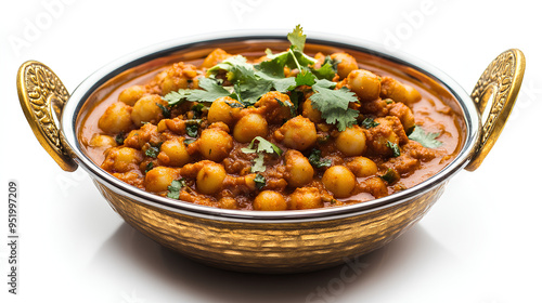 Chana masala street food on big bowl, isolated white background