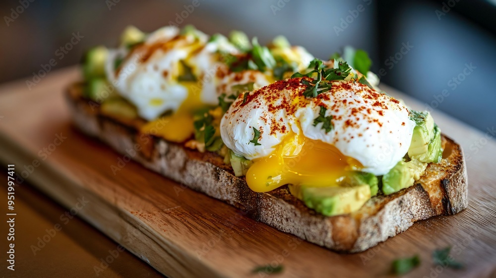 Bruschetta with avocado, poached egg, and a sprinkle of chili flakes on a wooden board Bruschetta with avocado, poached egg, and a sprinkle of chili flakes on a wooden board