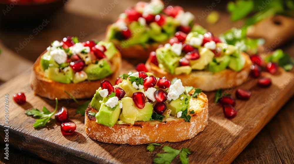 Bruschetta with avocado, feta, and pomegranate seeds, served on a rustic wooden board Bruschetta with avocado, feta, and pomegranate seeds, served on a rustic wooden board