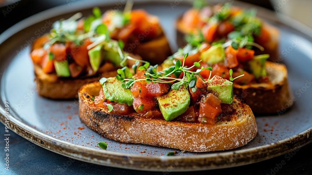 Bruschetta with avocado, smoked paprika, and a sprinkle of microgreens on a ceramic plate Bruschetta with avocado, smoked paprika, and a sprinkle of microgreens on a ceramic plate