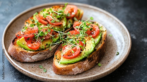 Bruschetta with avocado, smoked paprika, and a sprinkle of microgreens on a ceramic plate