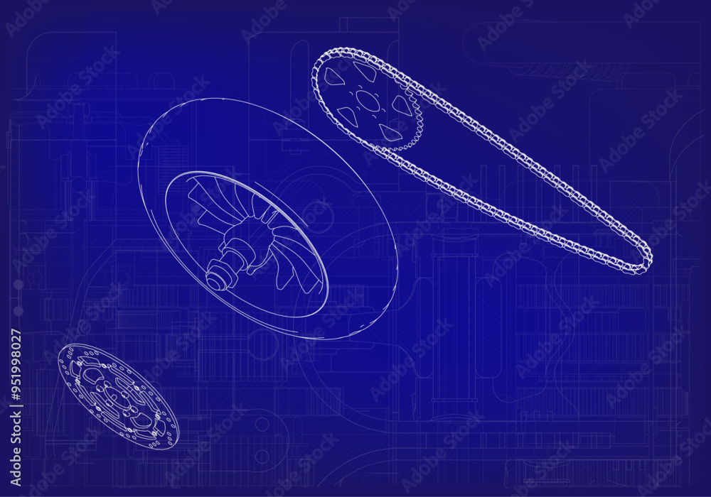 Motorcycle wheel and chain on blue background. Motorcycle wheel and chain on blue background.